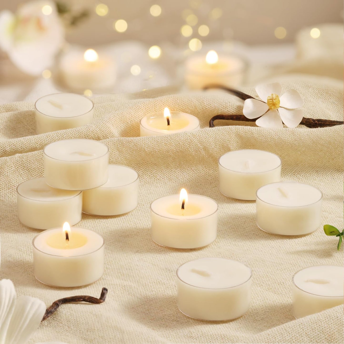 Scented Tea Lights Candles, Vanilla Embrace, 48 Pack – 100% Palm Wax Scented Tealights, Ivory Color, 6 Hour Long Burning, Vanilla Aromatherapy Tea Lights Candles for Relaxation, Home, Spa, Events