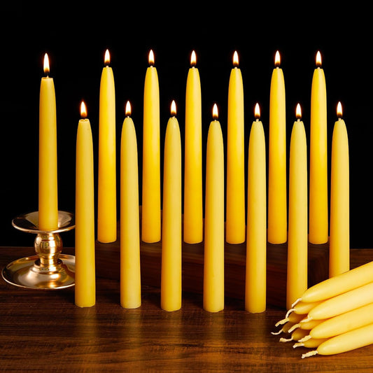 Beeswax Candle Set - 24 Pack 6H Tea Lights + 12 Pack 8H Taper Candles + 3 Pack Pillar Candles | Unscented Dripless Smokeless Clean Burning Long Lasting Candles