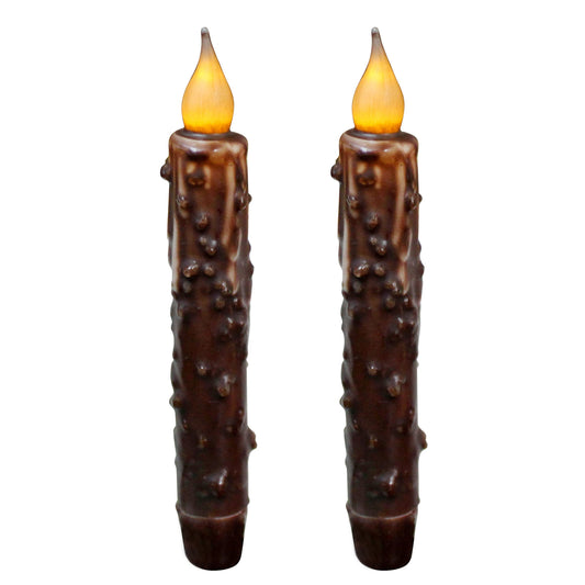 CVHOMEDECO. Real Wax Hand Dipped Battery Operated LED Timer Taper Candles Country Primitive Flameless Lights Décor, 6-3/4 Inch, Brown, 2 PCS in a Package