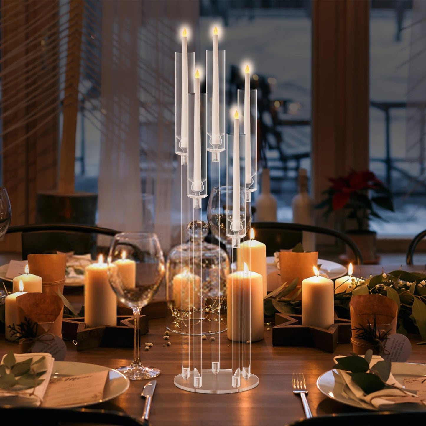 4 Pack Acrylic Candelabra Centerpieces, 5 Arm Clear Candlestick Holder with Acrylic Shade, 3 Height Adjustable Taper Candle Holder for LED Candles (Diameter ≤0.86”), Wedding Table Decoration 8pcs