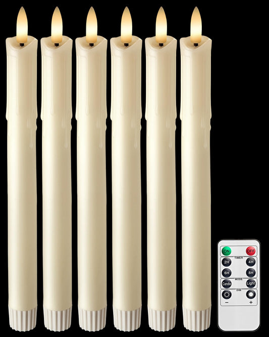 otnofok Flameless Taper Candles Real Wax with Remote, 9.6" x 0.78" LED Candlesticks Battery Operated, 3000K CCT for Wedding, Christmas, Dinner Table Centerpieces, 6 Pack, Ivory Melted Wax Look