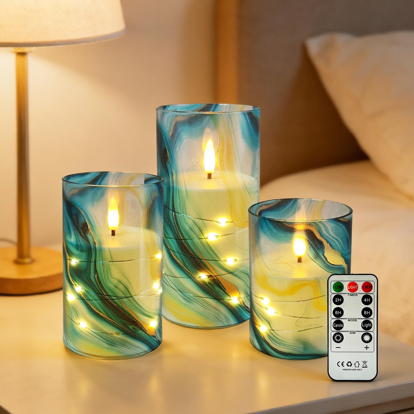 NjaoHoo Flickering Flameless Candles, Recessed String Light LED Candles 3D Wick Acrylic Battery Operated LED Pillar Candles with Remote and Timer for Modern Simple Home Decor Set of 3(Marble Printed)