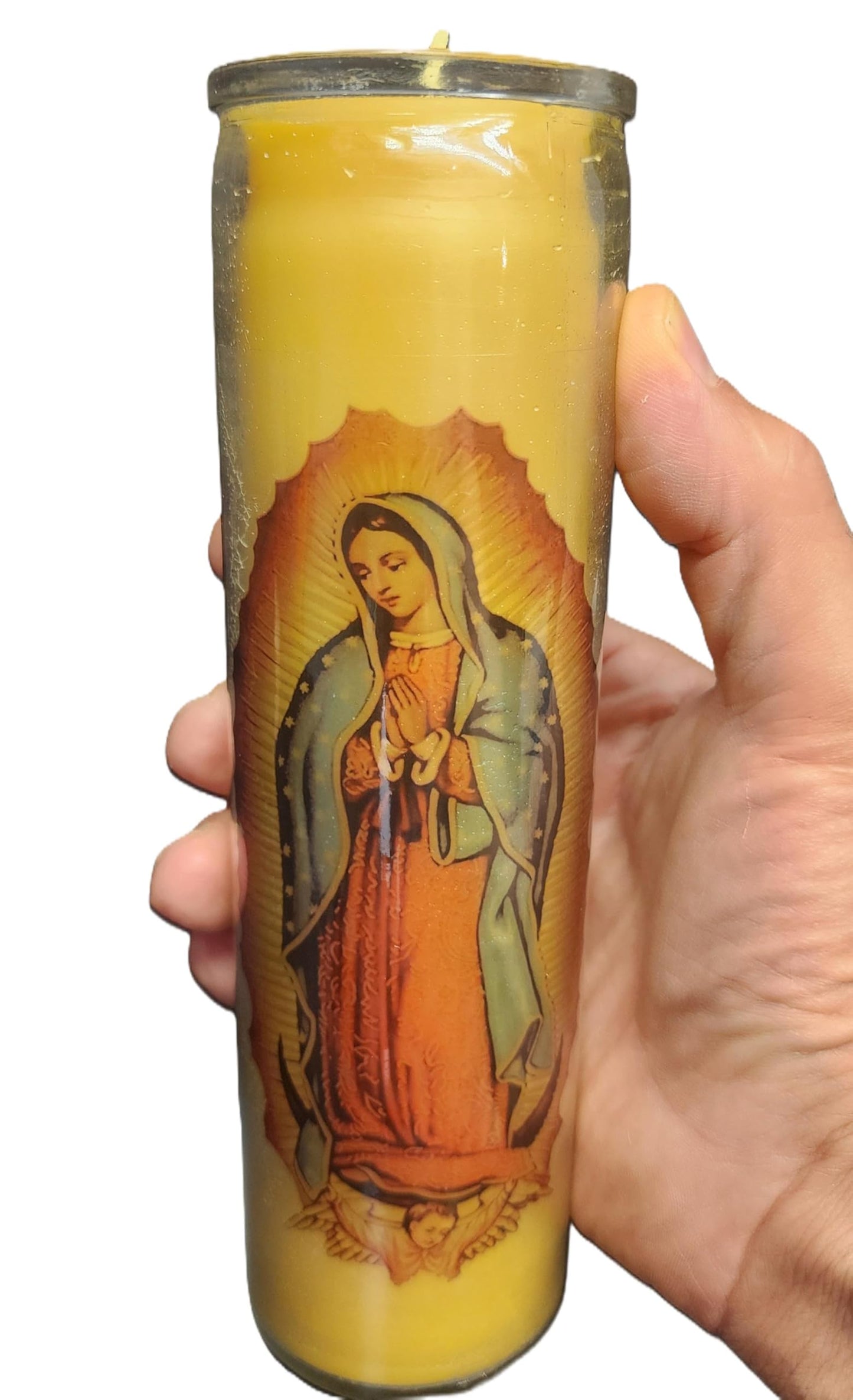 100% Beeswax Devotional Candle, Our Lady of Guadalupe Glass Prayer Candle, 8" H x 2" W, 100 Hours Burning time Made in USA. (6)