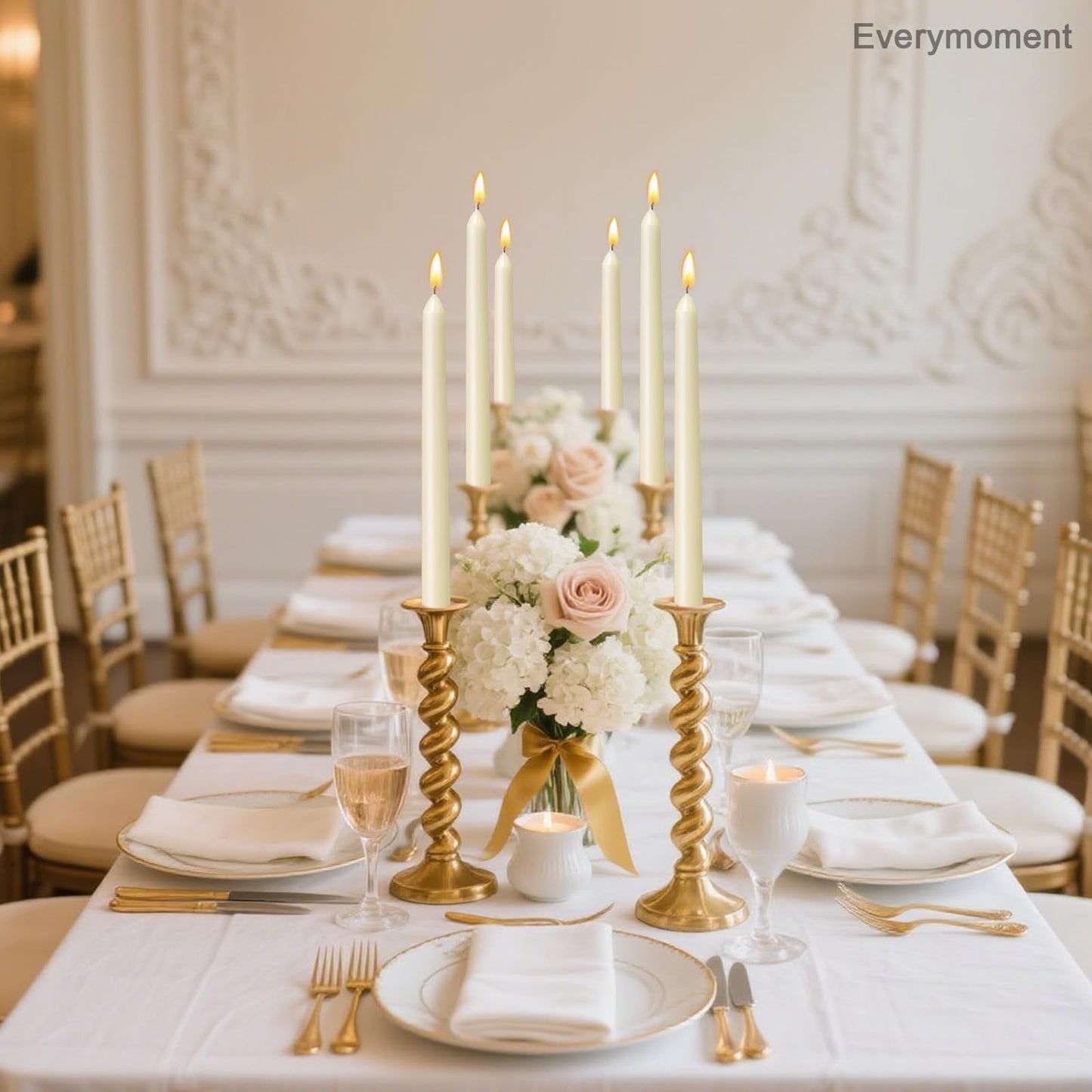 Everymoment Ivory Taper Candles - 24 Pack 10 Inch Candlesticks - Dripless & Smokeless Tapered Candle 8 Hours Unscented Cream Candle Sticks - Perfect for Wedding Holiday Dinner Party Home Decor