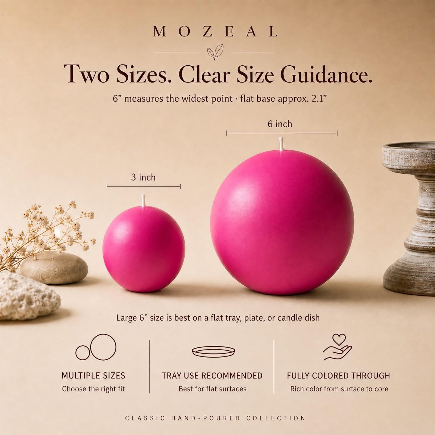 MOZEAL Hand-Poured, 3 Inch Hot Pink Round Ball Candles - Elegant Hot Pink Round Pillar Candles Set of 3, Dripless, Unscented, Smokeless, Ideal for Parties and Celebrations.