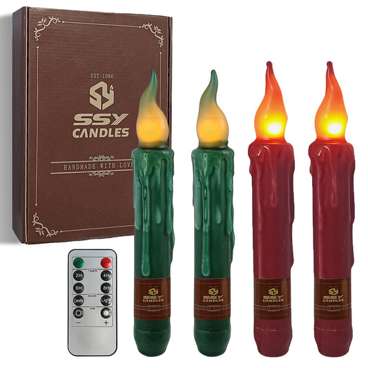 FCMSHAMD Christmas Red Green Flameless Short Taper Candles, Real Wax Hand Dipped LED Battery Operated with Remote, Flickering Flame Lights for Home Décor, 6.7 Inch Primitive Flameless Candles, 4PCS