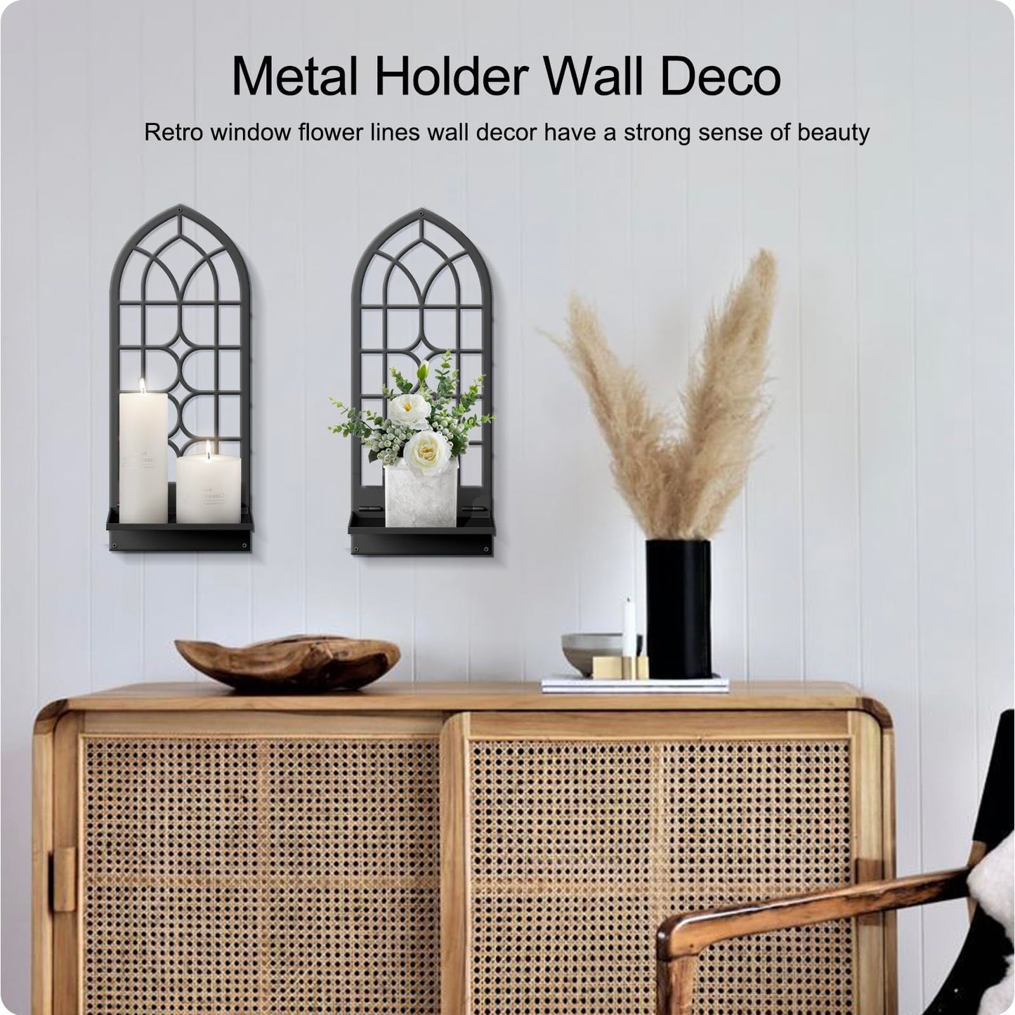 Wall Sconces Candle, Black Metal Wall Art Decor, Retro Line Wall Candle Holder for Living Room, Dining Room, Bedroom, Bathroom (16.5 x 7 in)