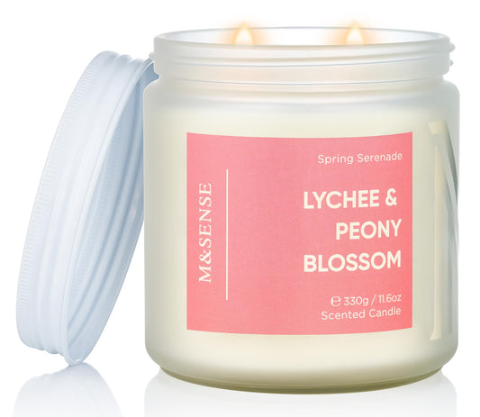 M&SENSE Lychee Peach Blossom Scented Candle, 70-Hour Burn Time & Non-Toxic Natural Soy Wax, 11.6oz 2-Wick Candle for Stress Relief & Spring Home Refresh, Floral Fruity Gift for Mom
