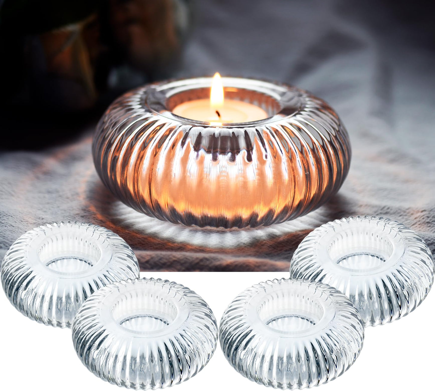 4 pcs Ribbed Clear Glass Tealight Candle Holders - Unique Boss Gifts for Women, for Her, Housewarming Wedding Tablescape Decor