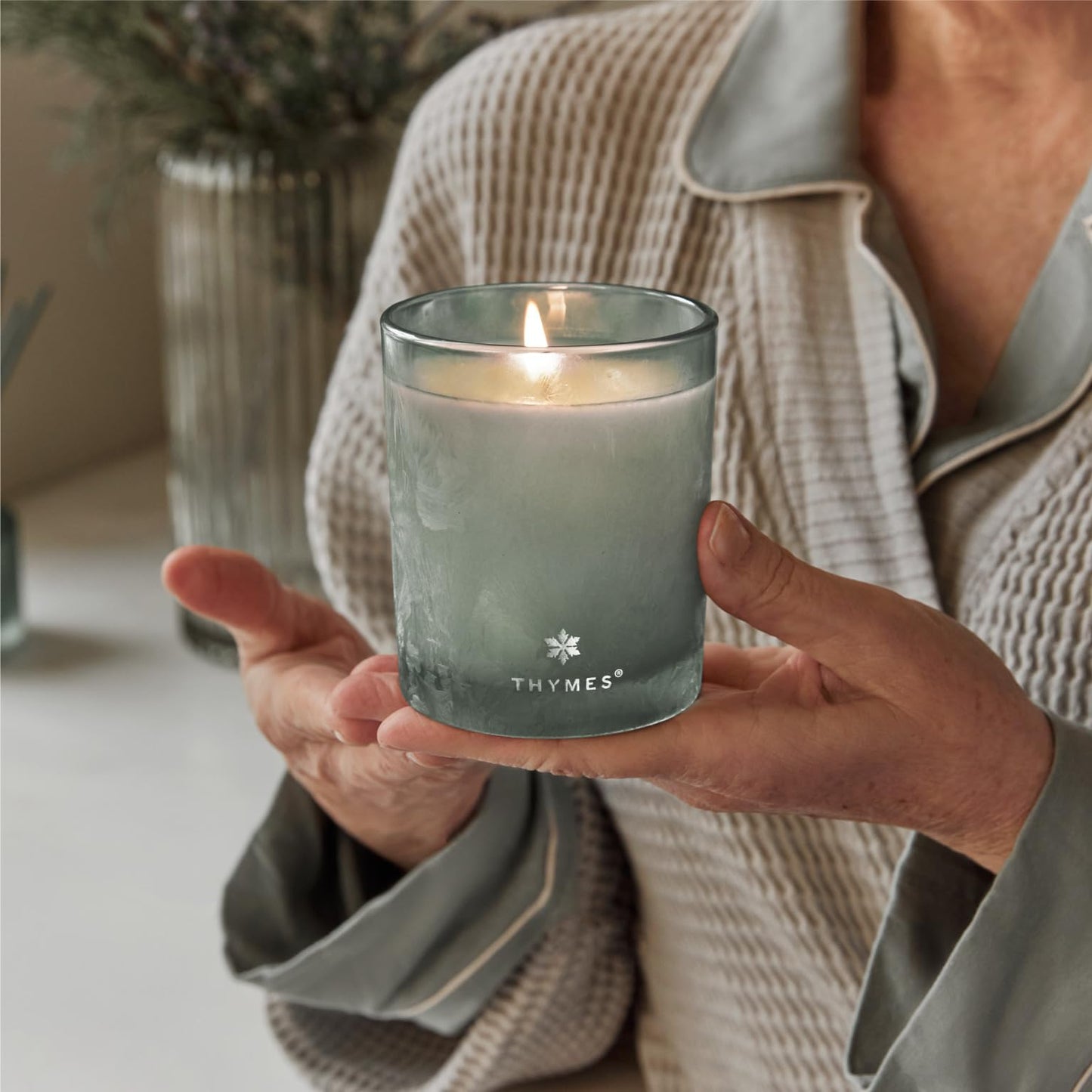 Thymes Scented Candles for Home Decor - Luxury Home Fragrance Gifts for Women & Men - Winter Candles with Crisp Notes of Sage, Eucalyptus, & Cypress Needles - Sage-Green (Highland Frost, 6.5 oz)