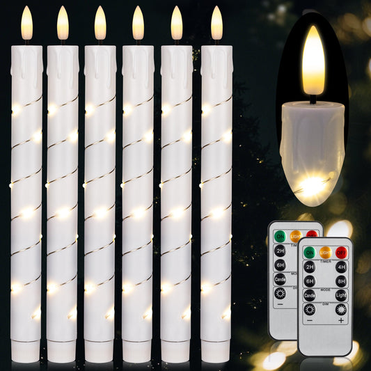 Flameless Taper Candles with Remote for Wedding Decorations，3D Flickering Flame Battery Operated LED Plastic Candles Arounded with Starlight String, Romantic Home Decoration, Pack of 6, White