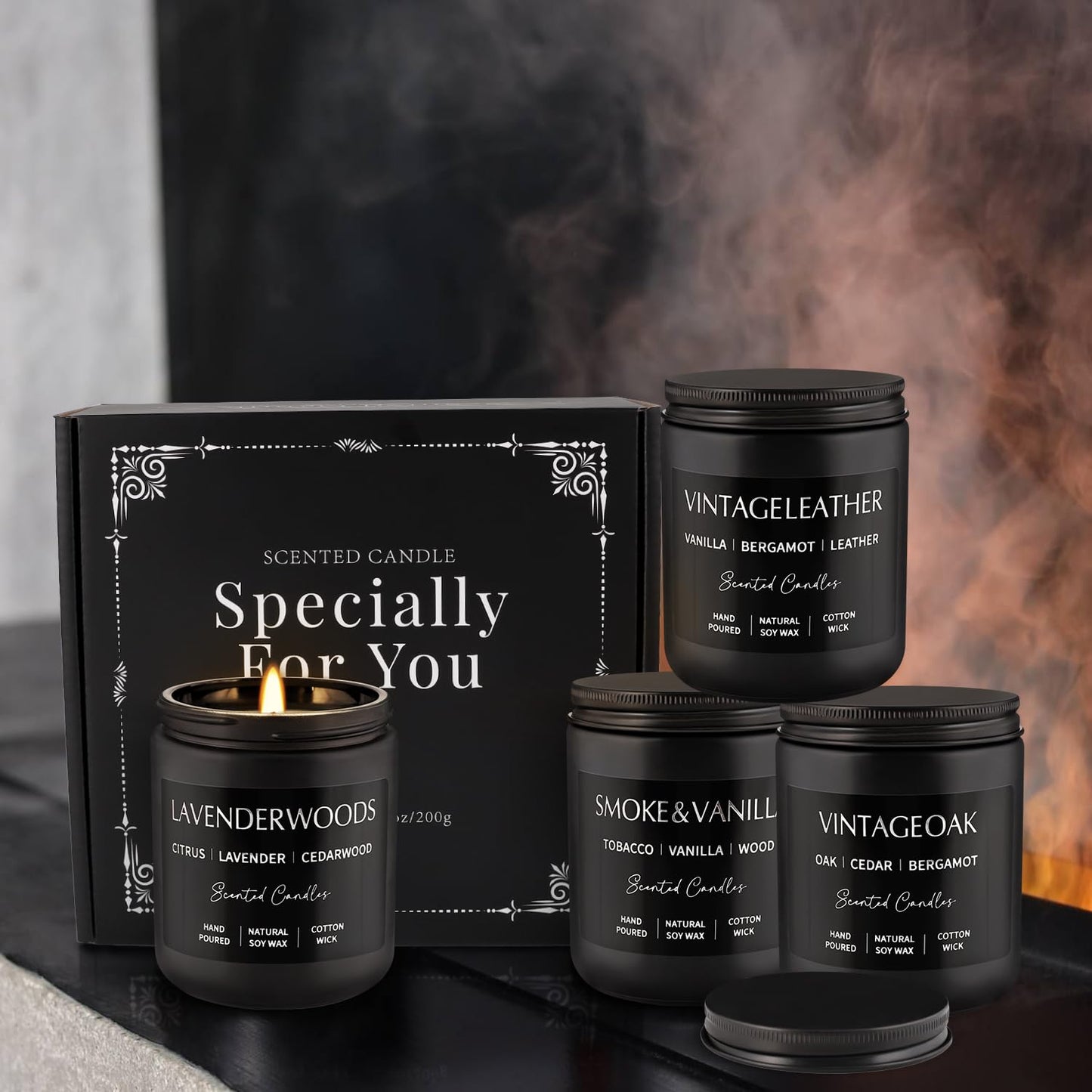 Scented Candles Gift Set - 4 Pack (7oz Each) Soy Wax Aromatherapy Candles with Essential Oils, Smokeless - Leather & Smoke, Vanilla Oakmoss, Lavender for Office, Gifts