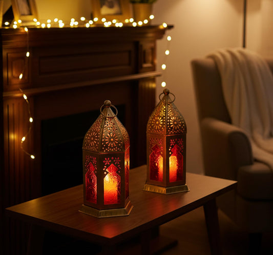 eSplanade Moroccan Lantern | Colored Glass Hanging Lamp - Set of 2 | Tealight Holder | Home Decor | Red-Golden - 6.5" Inches (Red-Golden)
