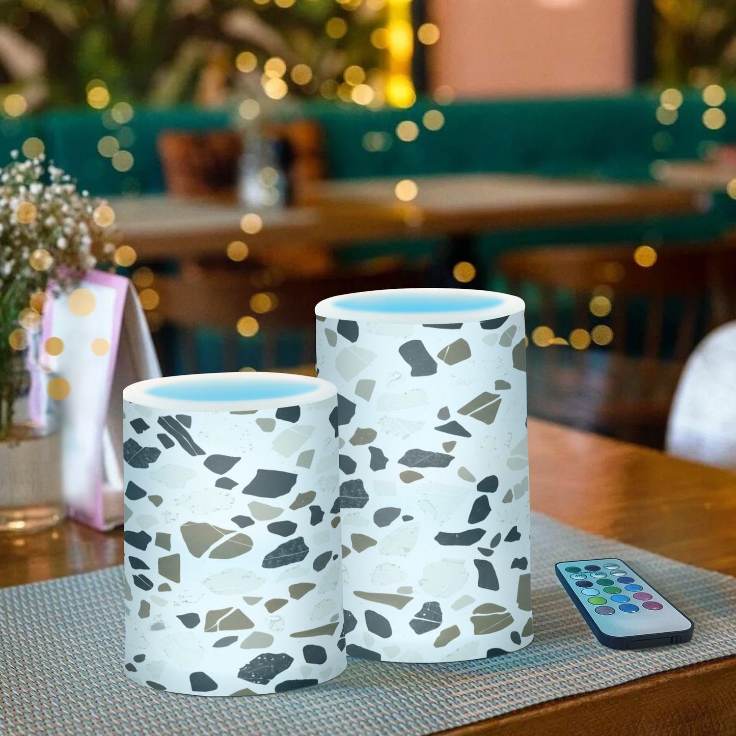 Kigai Terrazzo Pattern Flameless Candles Battery Operated Flickering LED Candles with Remote & Timer 2PCS Outdoor Waterproof Pillar Light for Party Wedding Home Decor