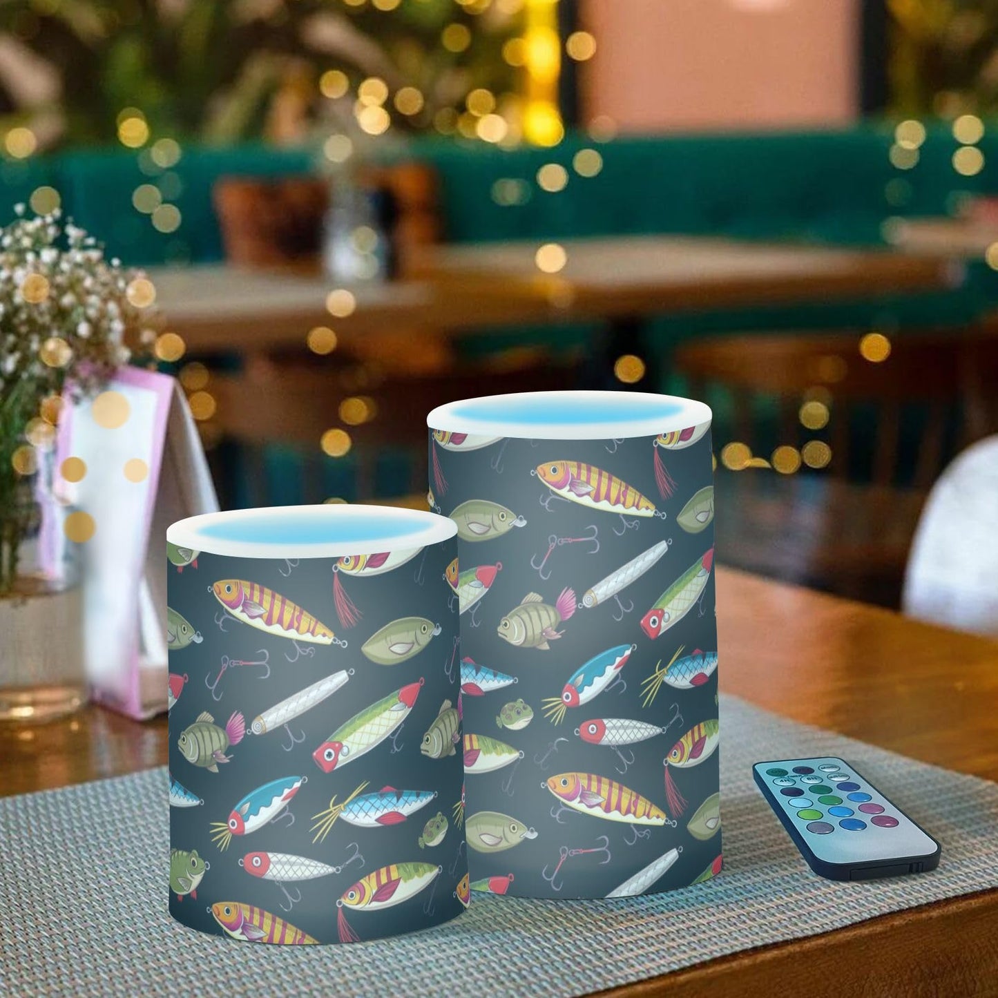 Pigsaly Flameless Candles Battery Operated Colorful Fishing Lures Colorful Fish Flickering Led Pillar Candles with Remote Control Colour Changing Warm Light Candles for Halloween Christmas Wedding