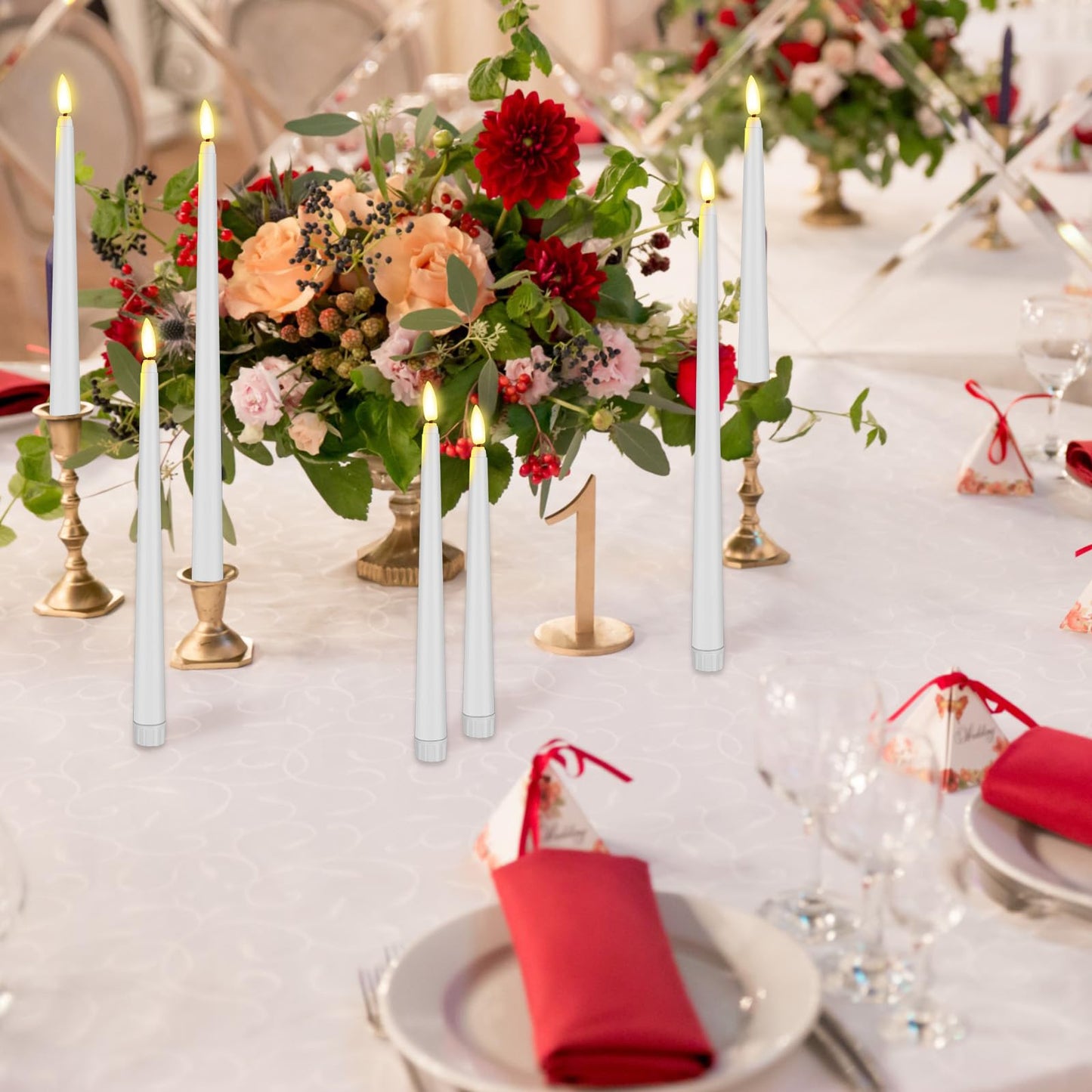 Rossesay 16 Pcs White Flameless Taper Candles Battery Operated Candles with Remote Timer 8.5" 9.6" 10.8" 12.8" Multiple Sizes White LED Flickering Candlestick for Wedding Party Centerpieces Decor