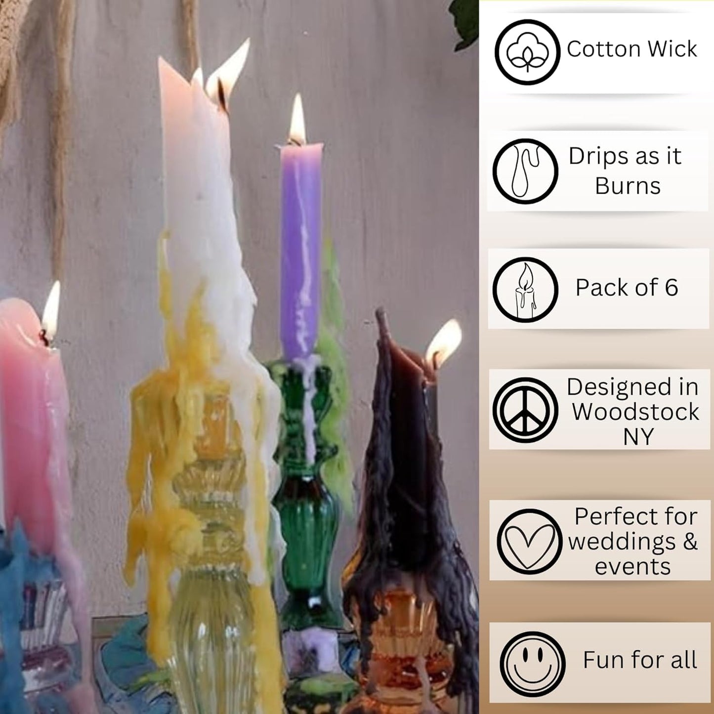Candlestock Hippie Drippy Drip Candles - Pack of 6 Dripping Tapers - Wine Bottle Melting Candles (Pink)
