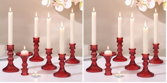 DARJEN Red Glass Candlestick Holders Set of 6, 4" H & 5" H Taper Candle Holders for Candlesticks & Pillar Candles, Diamond Candle Holders for Wedding Party Table Centerpiece, Home Decor (Pack of 2)