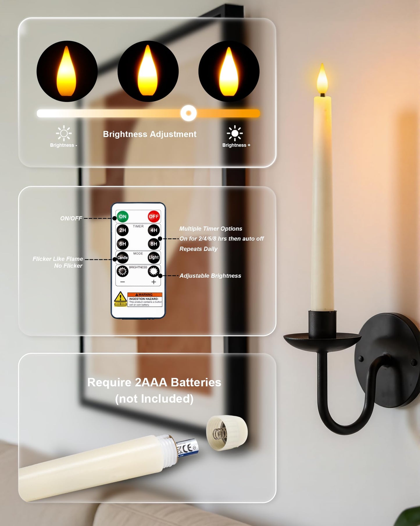 Homemory 12 Pcs Waxy Flameless Taper Candles with Remote, Led Flameless Candlesticks Classic Tall Candle, Flickering Battery Operated Taper Candles for Bedroom, Dining Room, Ivory, 9.6 inches