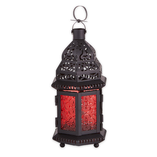 Zingz & Thingz Moroccan Style Candle Lantern Holder, Decorative Light Home Decor, Indoor & Outdoor, 10.25" Tall, Black with Red Glass