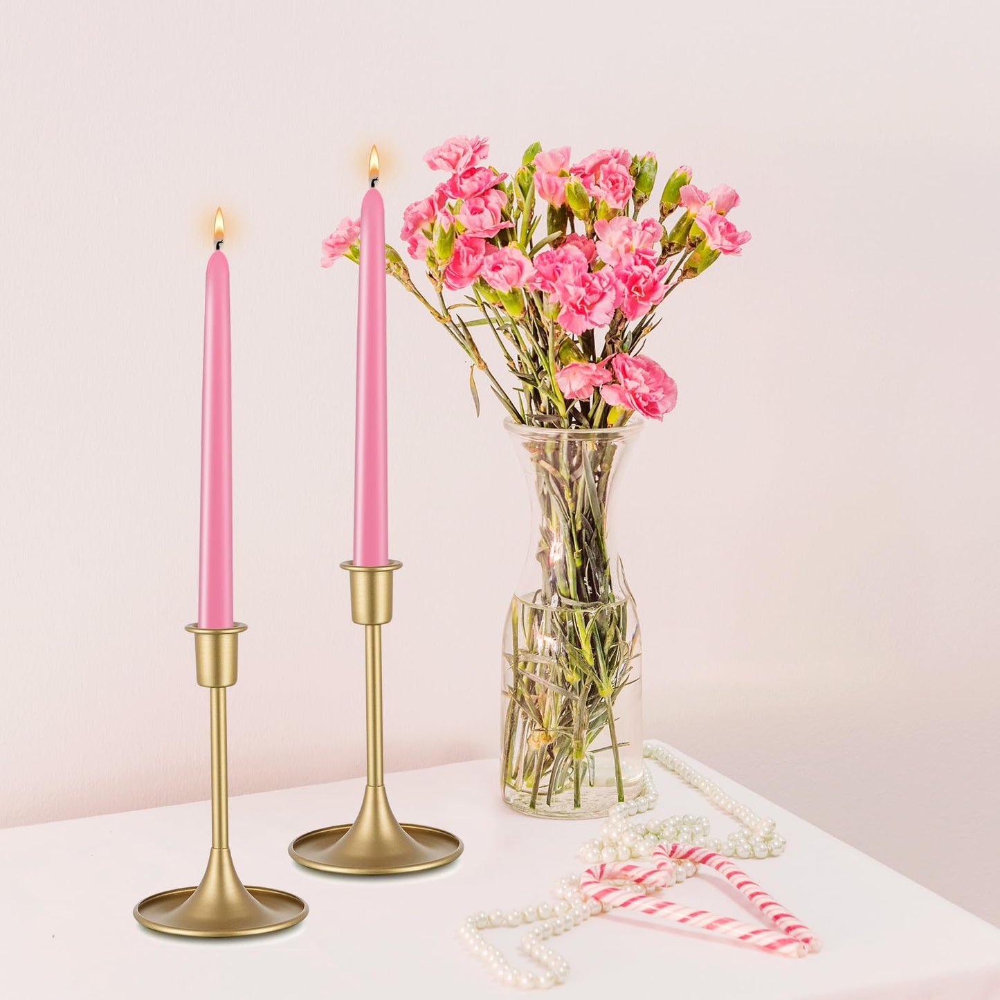 24 Pack Pink Taper Candles, 7-8 Hours Burn Time, Unscented, Smokeless and Dripless, 0.79 x 10 Inch Dinner Candle Set for Household, Wedding, Party and Home Décor Candlesticks