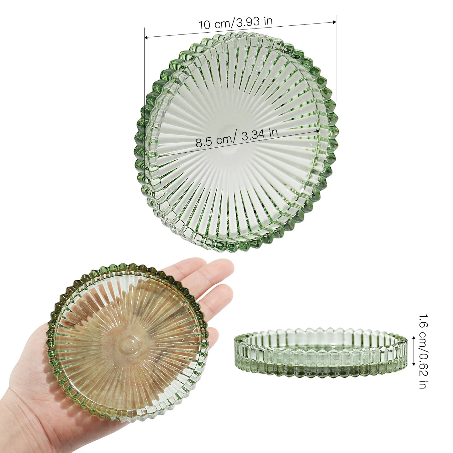CHOCSTAY Glass Pillar Candle Holder, 4" Green Candle Plates Set of 6, Glass Candle Holders for Wedding, Party, Holiday, Home Decor, Table Centerpiece
