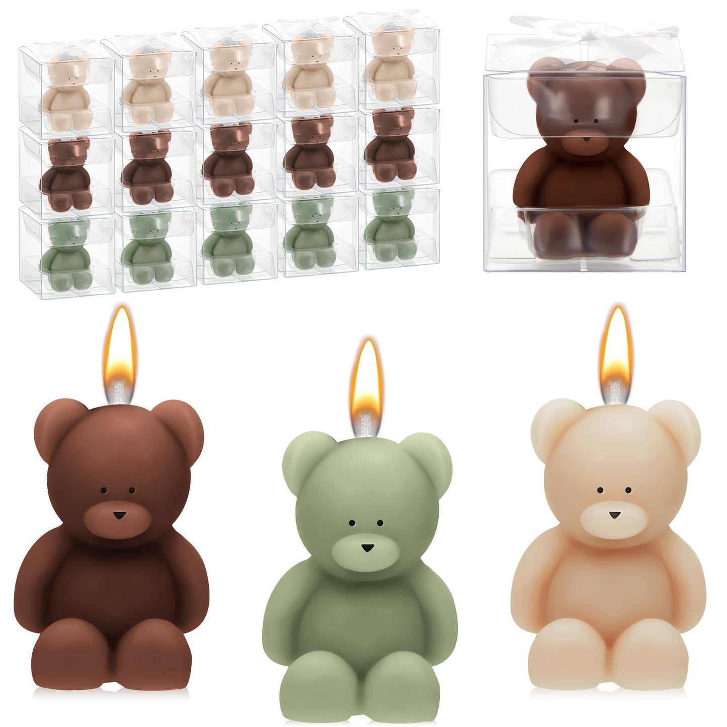 Dansib 15 Pcs Bear Baby Shower Candle Favors for Guest Bear Party Favors Baby Shower Candles Bulk for Gifts Party Decorations (Light Brown,Dark Brown,Green)
