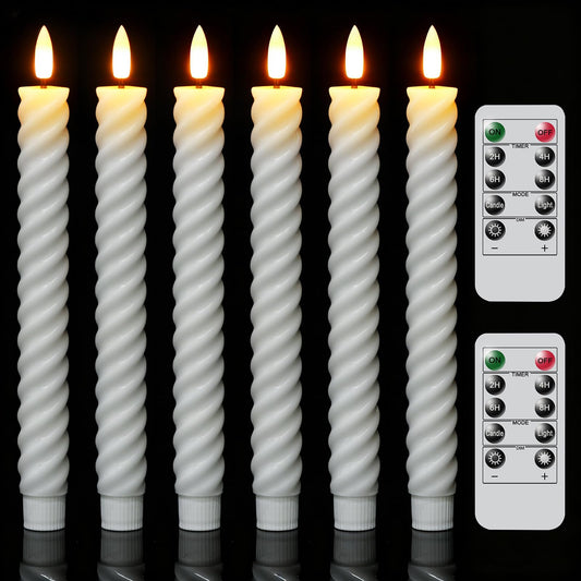 Wondise Flameless Taper Candles with Remote Timer, Real Waxy Battery Operated Flickering Spiral Candlesticks, 3D Wick LED Candles 9.6inch for Halloween Christmas Holiday Wedding Decoration (White