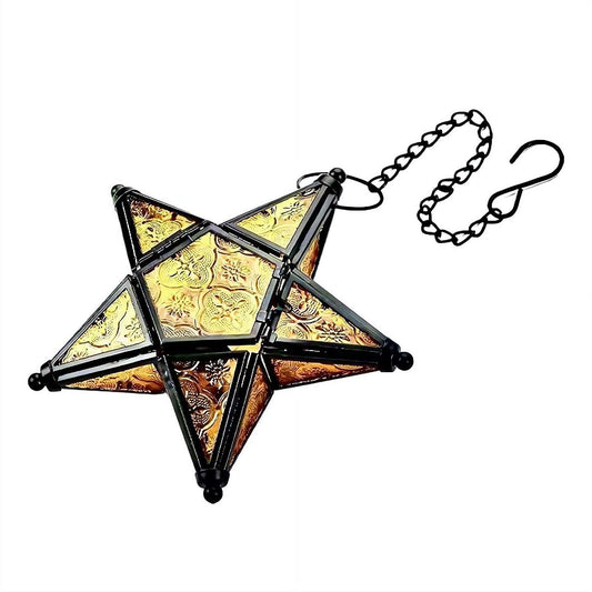 Moroccan Star Lantern Hanging Ornaments, Star Shaped Glass Tea Lights Candle Holder Decoravtive Lantern, Colorful Window Hangings Home Living Room Bedroom Patio Balcony Garden Decoration (Yellow)