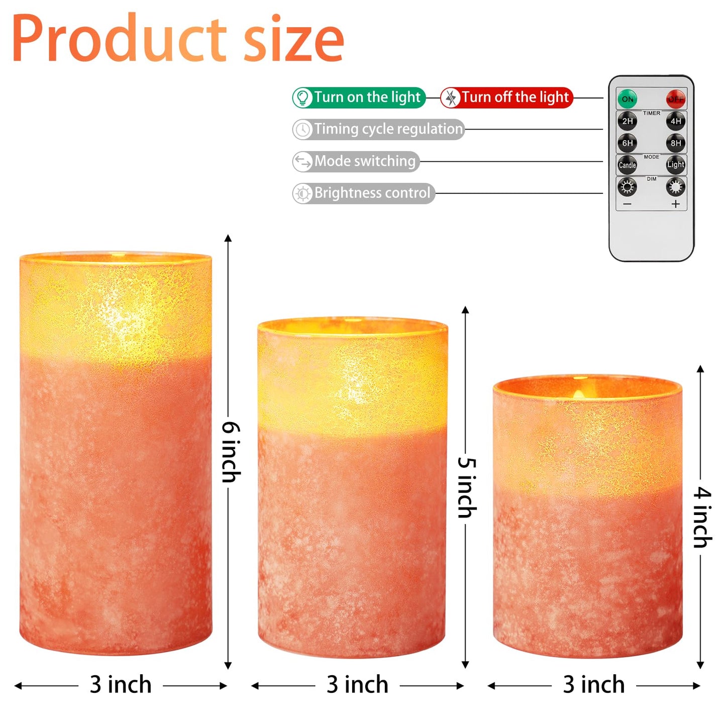 HJANDHJ Orange Flameless Candles, Sandblast Glass Battery Operated Candles with 10-Key Remote and Timer,Set of 3 Realistic Wax Candles for Home Decor (W3 H 4" 5" 6")