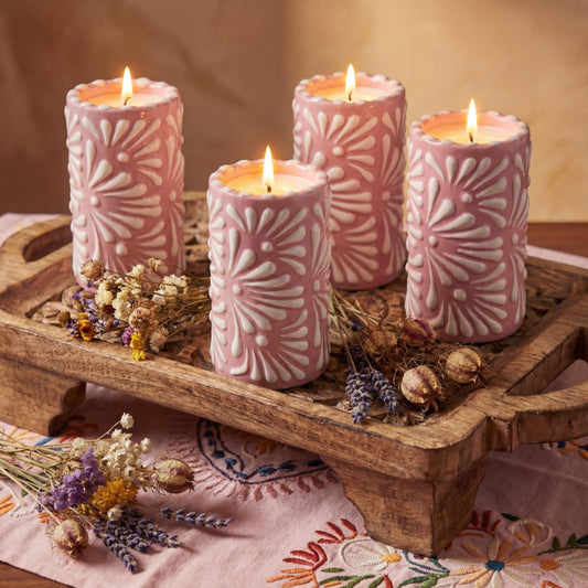 Lounsweer 4 Set Cielito Lindo Party Decorations Mexican Tequila Candle Talavera Mugs Candle for Fiesta Cinco De Mayo Birthday Bridal Shower Bachelorette May 5th Party Home Decor(Pink)