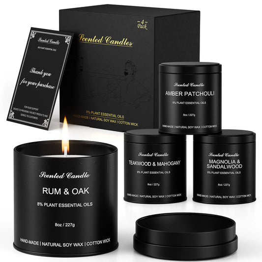 Scented Candles for Men Set - 4 Pack Luxury Soy Wax Candles, 8oz Large Strong Scented Candles, Masculine Essential Oil Candles for Home, Aromatherapy Gift of Dad, Husband, Boyfriend