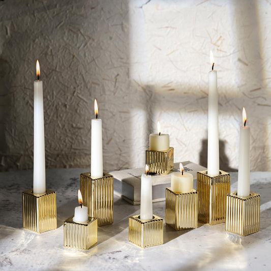 LETINE 12pcs Gold Vertical Stripe Glass Candlestick Holders - Chic Taper Candle Sticks Holder Set for Elegant Dining & Home Decor - Wedding Centerpieces, Parties, and Celebrations