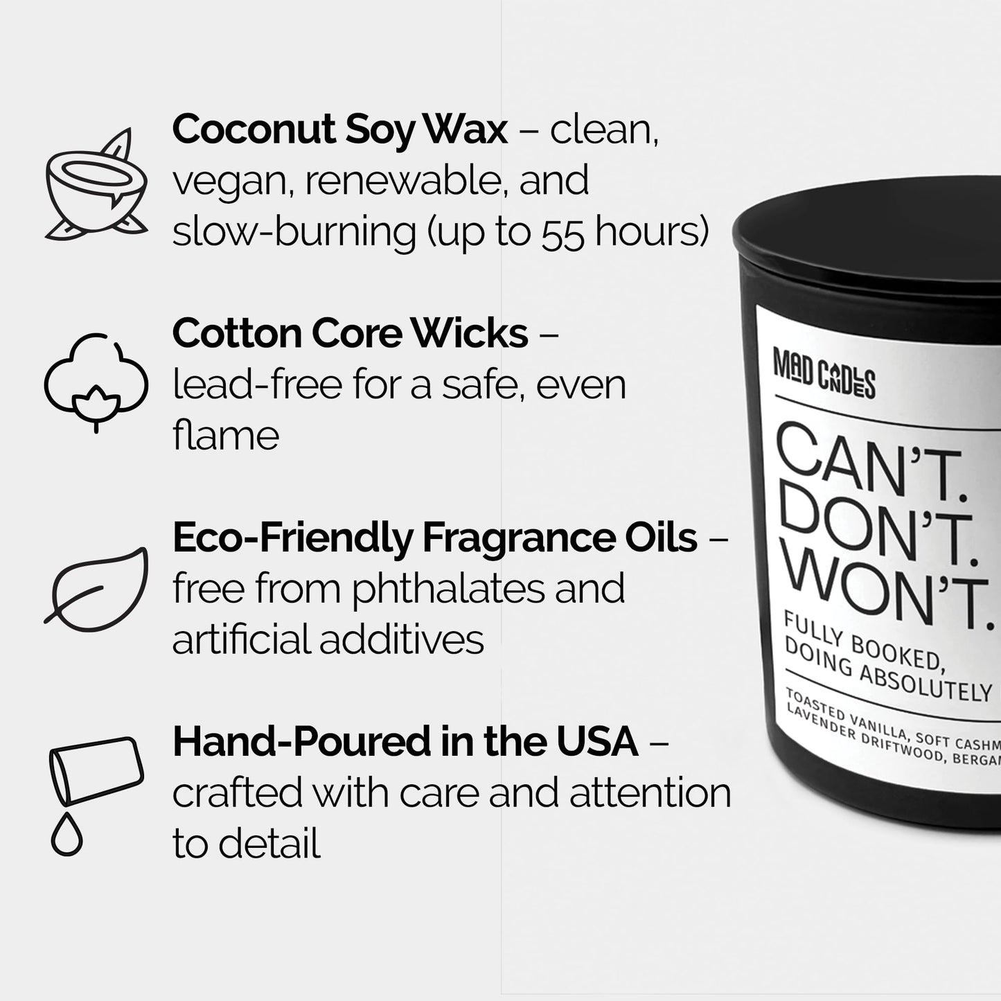 Mad Candles – Can’t. Won’t. Don’t. | Luxury Scented Candle for Relaxation & Home Décor | 9.5oz Coconut Soy Wax | Non Toxic Long Burn Candle Jar | Cozy Bedroom & Living Room Candle