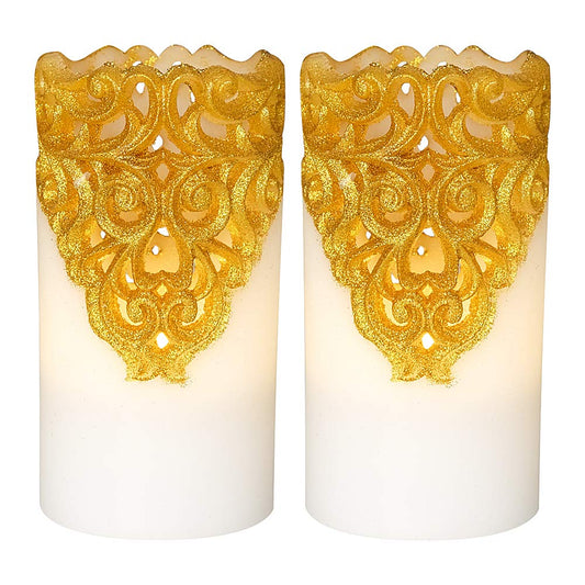 DRomance Hollow Gold Flameless Flickering Candles with 5H Timer, Battery Operated LED Pillar Candles Unscented Wax Warm Light Christmas Home Decoration(Set of 2, 3 x 6 Inches)