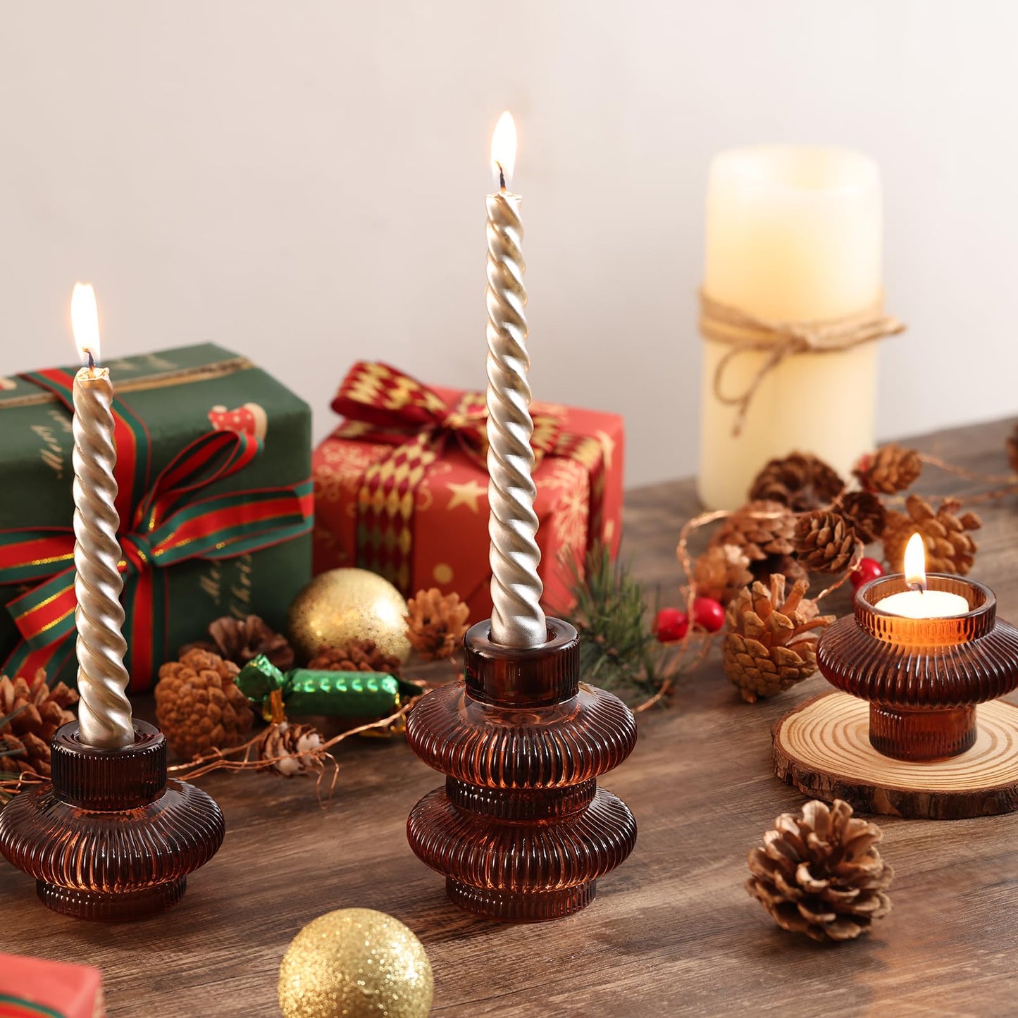Taper Glass Candlestick Holders Tealight Candle Holders for Table Centerpieces, Fall Wedding Decor and Dinner Party Thanksgiving Christmas Decor (8 Pcs, Brown)