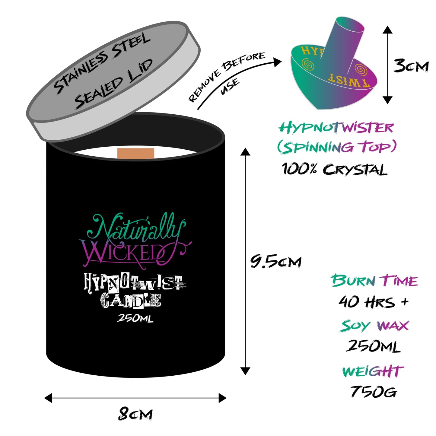 Naturally Wicked Hypnotwist Remember Candle | Hypnotic Crystal Spell Candle | Inc Crystal Spinning Top