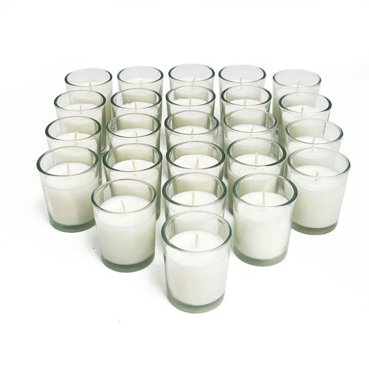 Simply Soson Votive Candles Bulk, 24 Filled White Votive Candles in Glass, 10 Hours Burn time, Small Candles, Unscented Candle, Candle Votives for Wedding, Holiday & Home Decoration