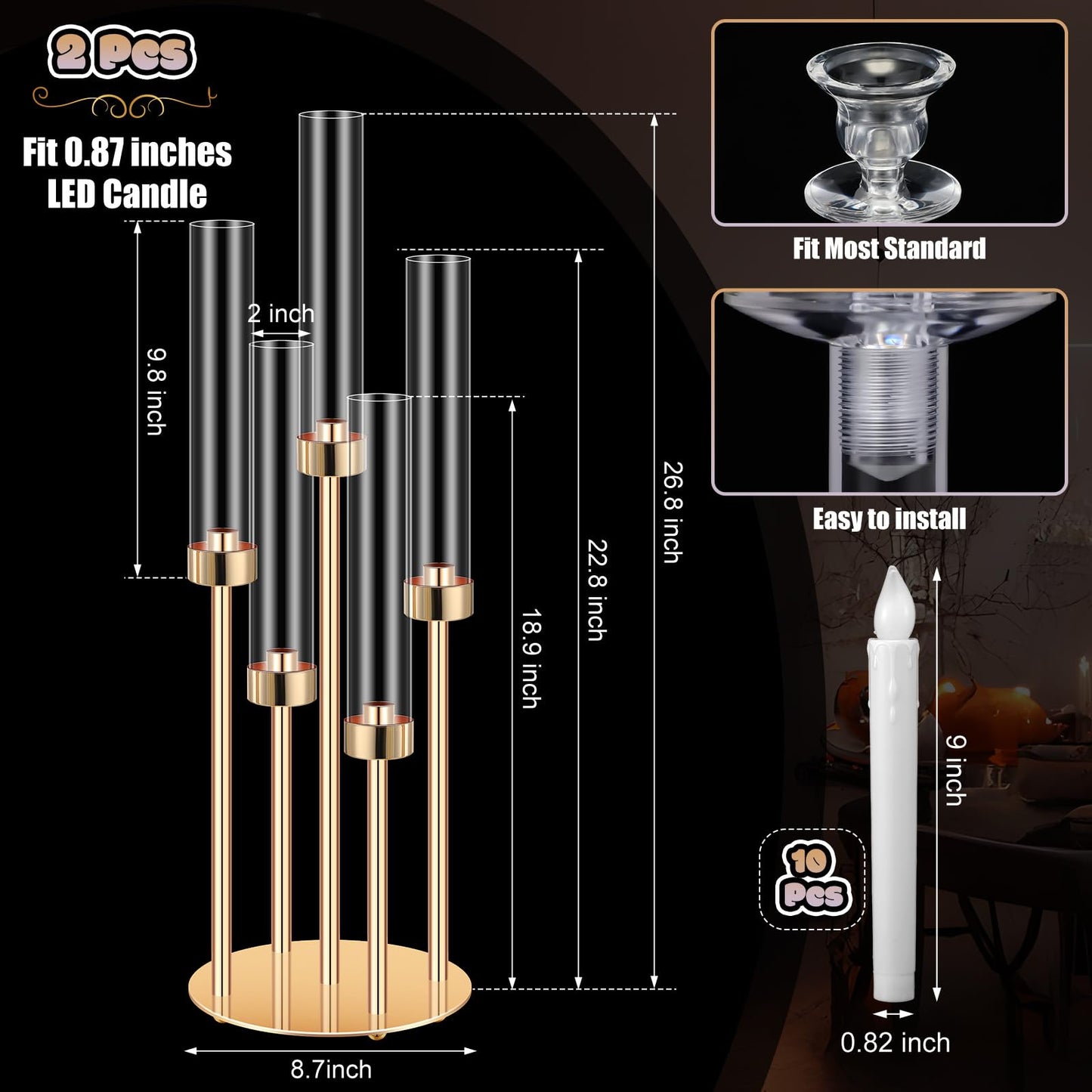 Tandefio 2 Set Gold Candelabra Centerpieces for Tables, 26.8 Inch 5 Arm Candle Holders with LED Candles and Acrylic Cylinders, Tall Acrylic Wedding Table Centerpieces for Reception Dinner Party Decor