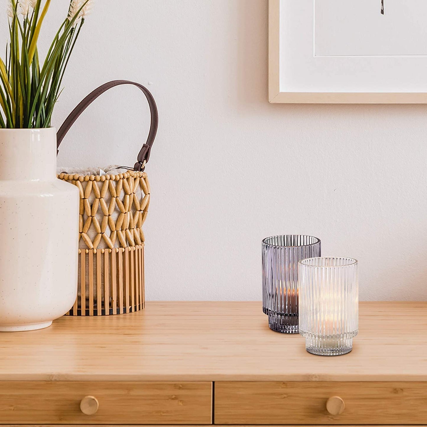 Serene Spaces Living 5in Smoke Ribbed Glass Votive Holder, Decorative Centerpiece for Wedding, Christmas, Thanksgiving, Dining Table, Living Room, Home Décor, 3.25" Diameter & 5" Tall, Pack of 24
