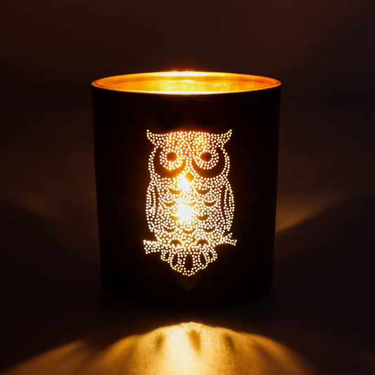 Larcenciel Owl Votive Candle Holders, Vintage Glass Tea Light Candle Holders, Black Gold Candlesticks for Eid Wedding Baby Shower Christmas Table Centerpiece Diwali Hanukkah Advent Shabbat Party Decor
