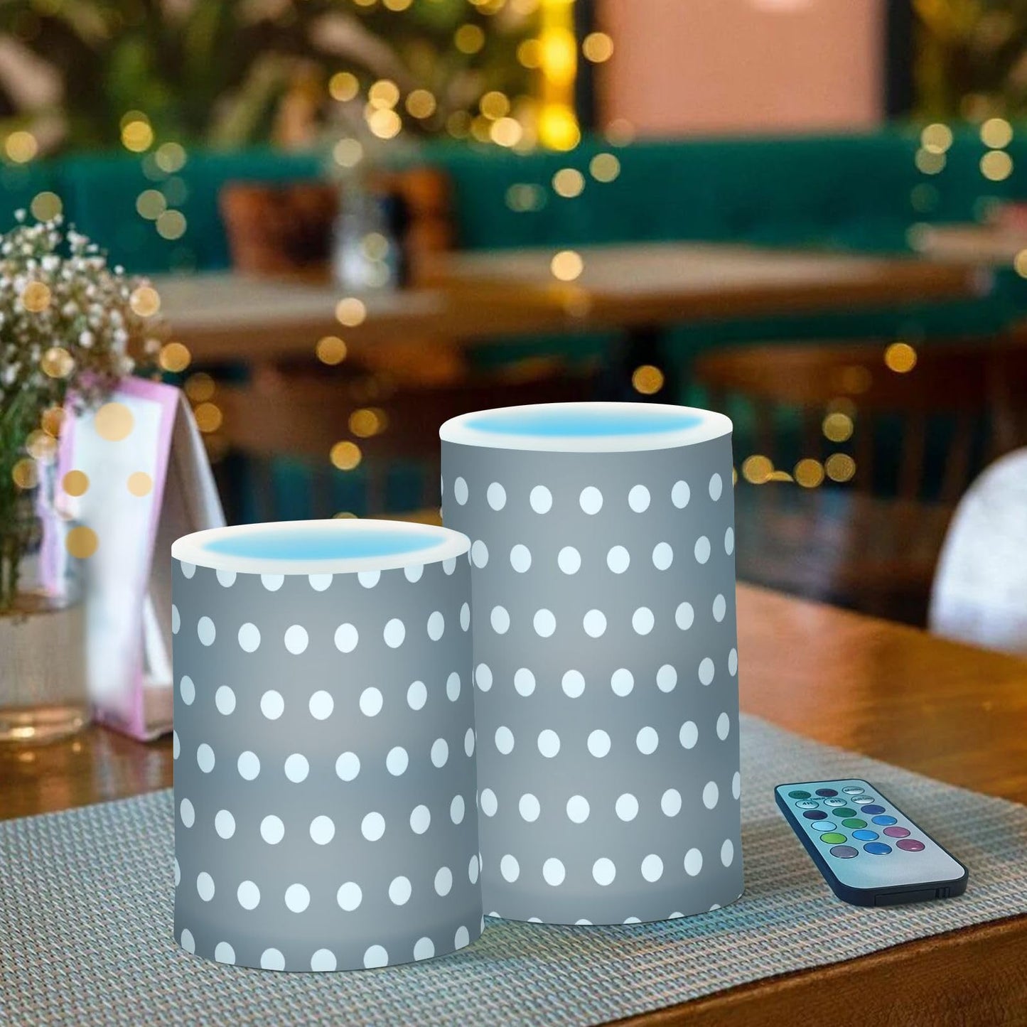 Kigai Flameless Candles, Polka Dots Grey White Flickering Flameless Candle Set of 2, LED Candles Battery Operated with 18-Key Remote for Wedding, Festival, Home Decor