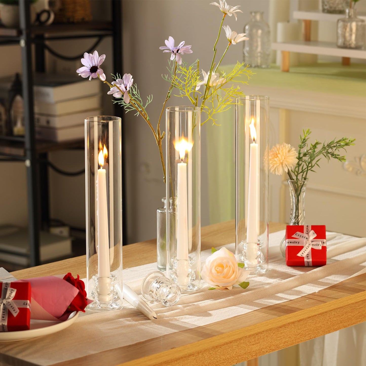Teenyyou 36 Set Glass Hurricane Candle Holders Bulk 12.6" Open Ended Glass Candleholder Tube Shape Bottomless and 2.2" Taper Clear Candlestick Holders for Wedding Table Centerpiece (Clear)