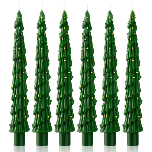 MTLEE Christmas Tree Shaped Taper Candles 10 Inch Unscented Christmas Tree Candles Decorative Aesthetic Xmas Relaxation Gifts for Centerpiece Decorations (Stylish,Green,6 Pcs)