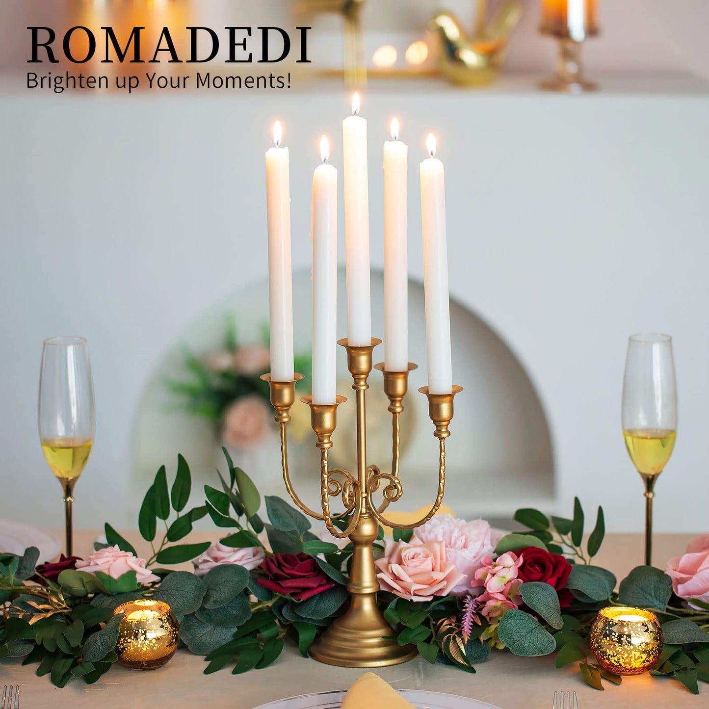 Romadedi Candelabra Gold Candle Holders - 5 Arm 11.8" Wedding Candlestick Holder for Theme Party Table Centerpiece Decor Dining Room Birthday Holiday Christmas, Set of 6