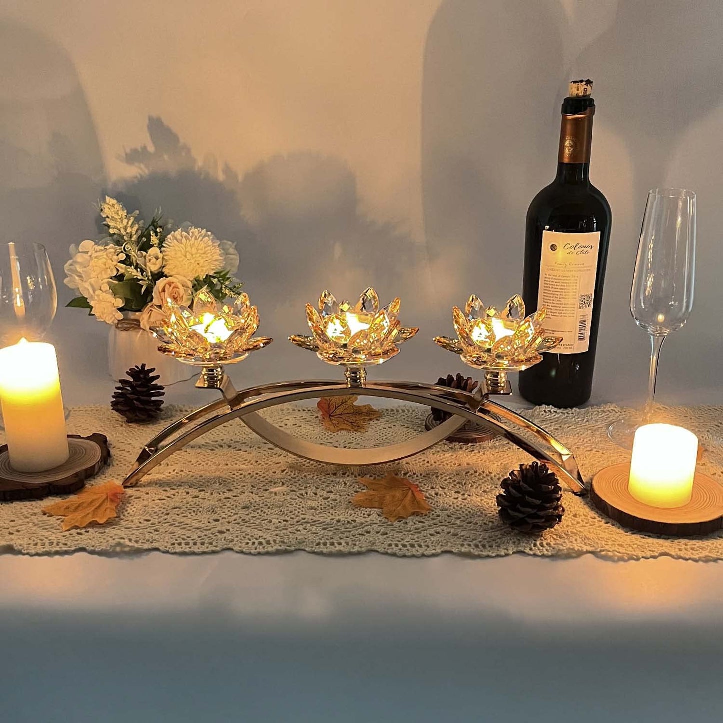 Tabletop Flower Crystal Candelabra with 3arm,Decorative Crystal Lotus Flower Candle Holder,Table Décor for Pillar candle1.5''(Gold)