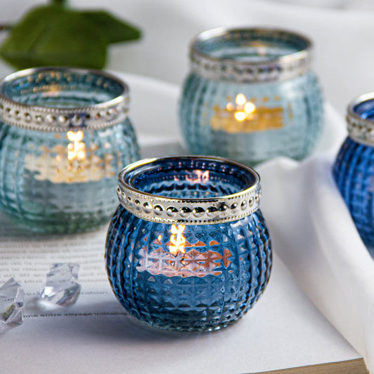 Candle Holder Set of 12, Small Tealight Candle Holder, Vintage Glass Votive Candle Holders for Table Centerpiece Wedding Home Decor Holiday Decor (Blue)