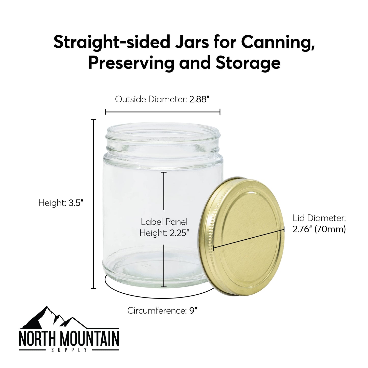 North Mountain Supply 9 Ounce Clear Glass Straight Sided Mason Canning Jars - with 70mm Black Metal Lids - Case of 12