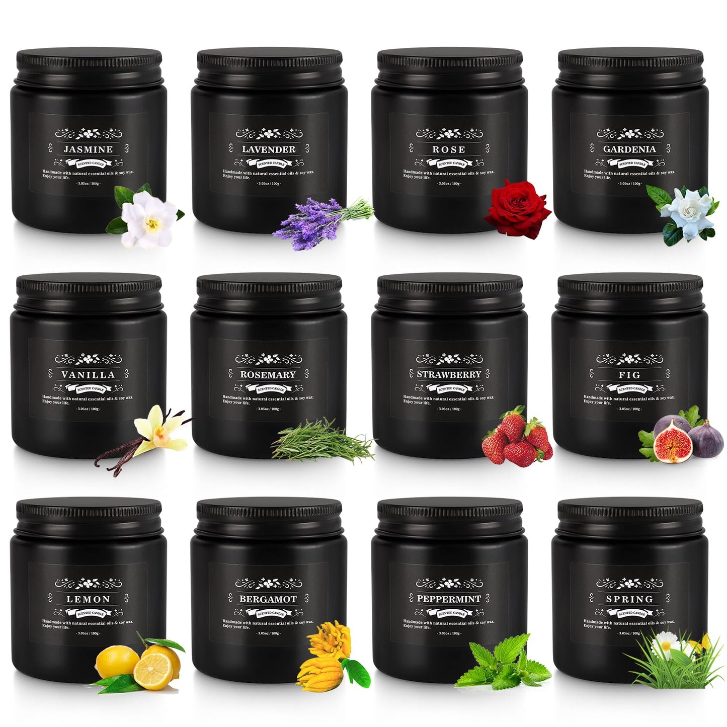 Howemon Scented Candle Set 12 Pack,Black, Candle for Home Scented, Odor Eliminating, Stress Relief, Long Lasting Soy Wax Gift Set