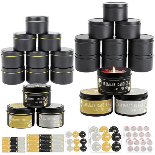 CONNOO 24 Pack Candle Tins - 12pcs 8oz + 12pcs 4oz Matte Black Candle Jars with Lids for Making Candles, Bulk Empty Candle Containers with Sticky Warning Labels for Candle Making, Storage, and Gift